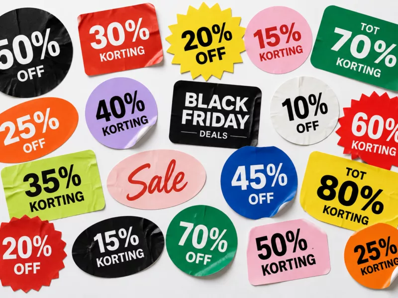 Black Friday kortingsstickers als illustratie bij het voorbereiden van een webshop op Black Friday
