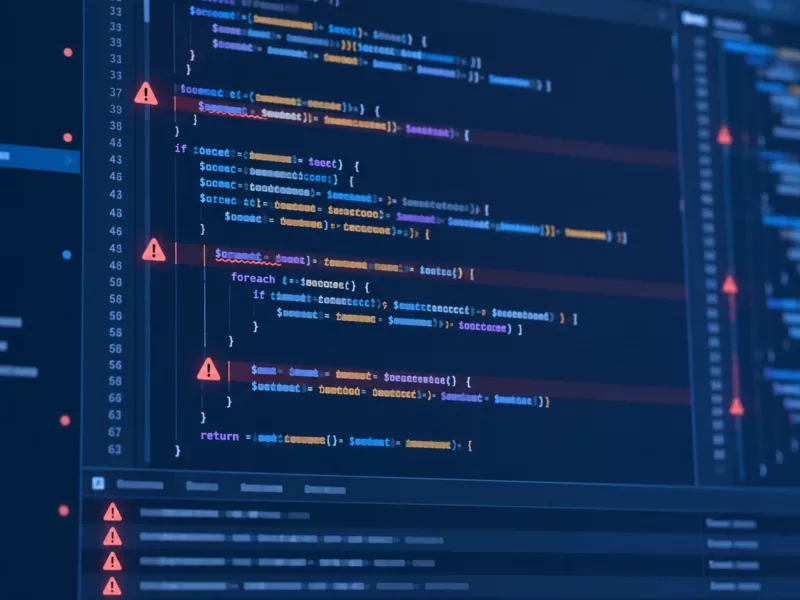 Code op een beeldscherm met waarschuwingsmeldingen voor de Magento-kwetsbaarheid StyleSmuggler.'