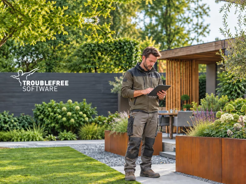 Hovenier werkt op een tablet in een tuin met stalen plantenbakken van MySteel en het TFS-logo.